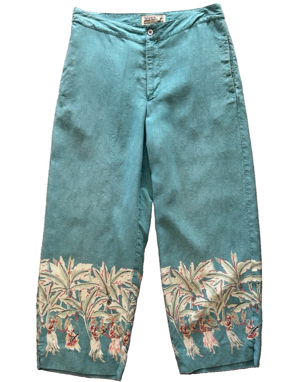 Tiki Classics Silk Capri Pants 6 Y2K Hawaiian Hula Girl Palm Tree Retro Tiki